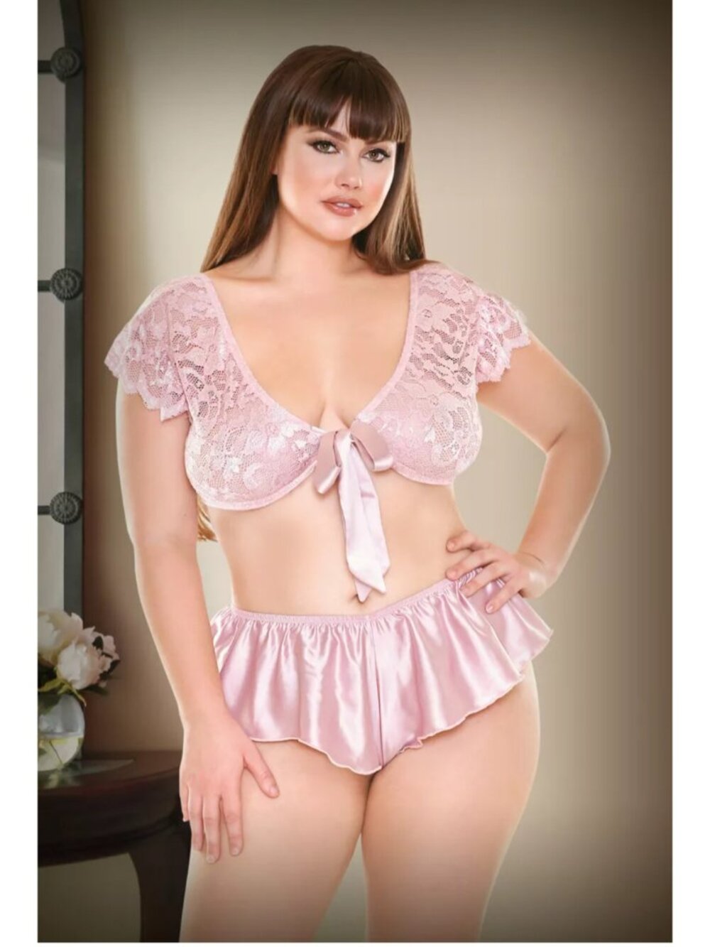 Fantasy Lingerie Norah Tie Front Top & Tap Pant, Blush Pink Size 1X /2X NWT